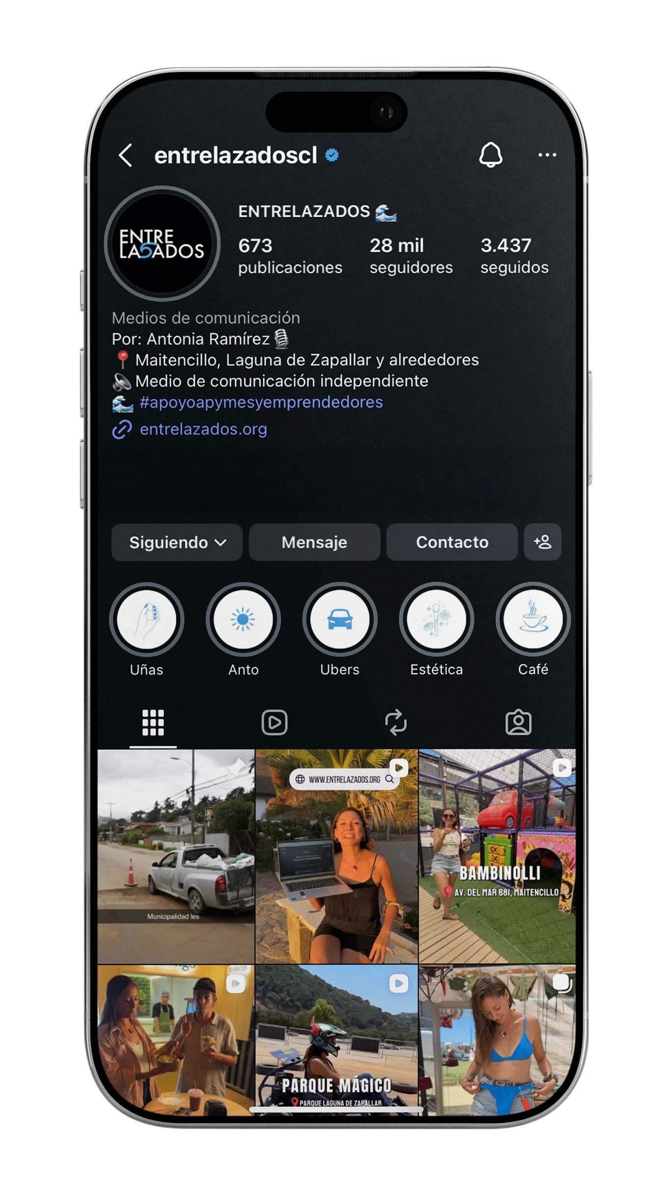 Mockup iPhone mostrando el perfil de Entrelazados